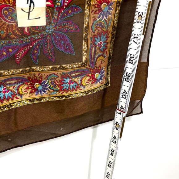 Yves Saint Laurent 100% SilkChiffon/Satin Scarf 42" Brown Red Green Floral ( 29 - Picture 12 of 15